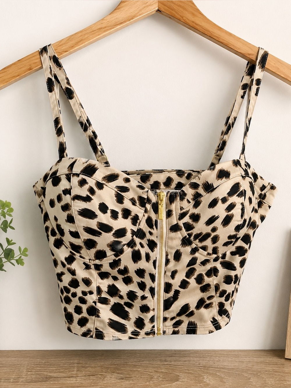 GUESS Leopard Print Bustier Crop Top Gold Zip Front Size Small